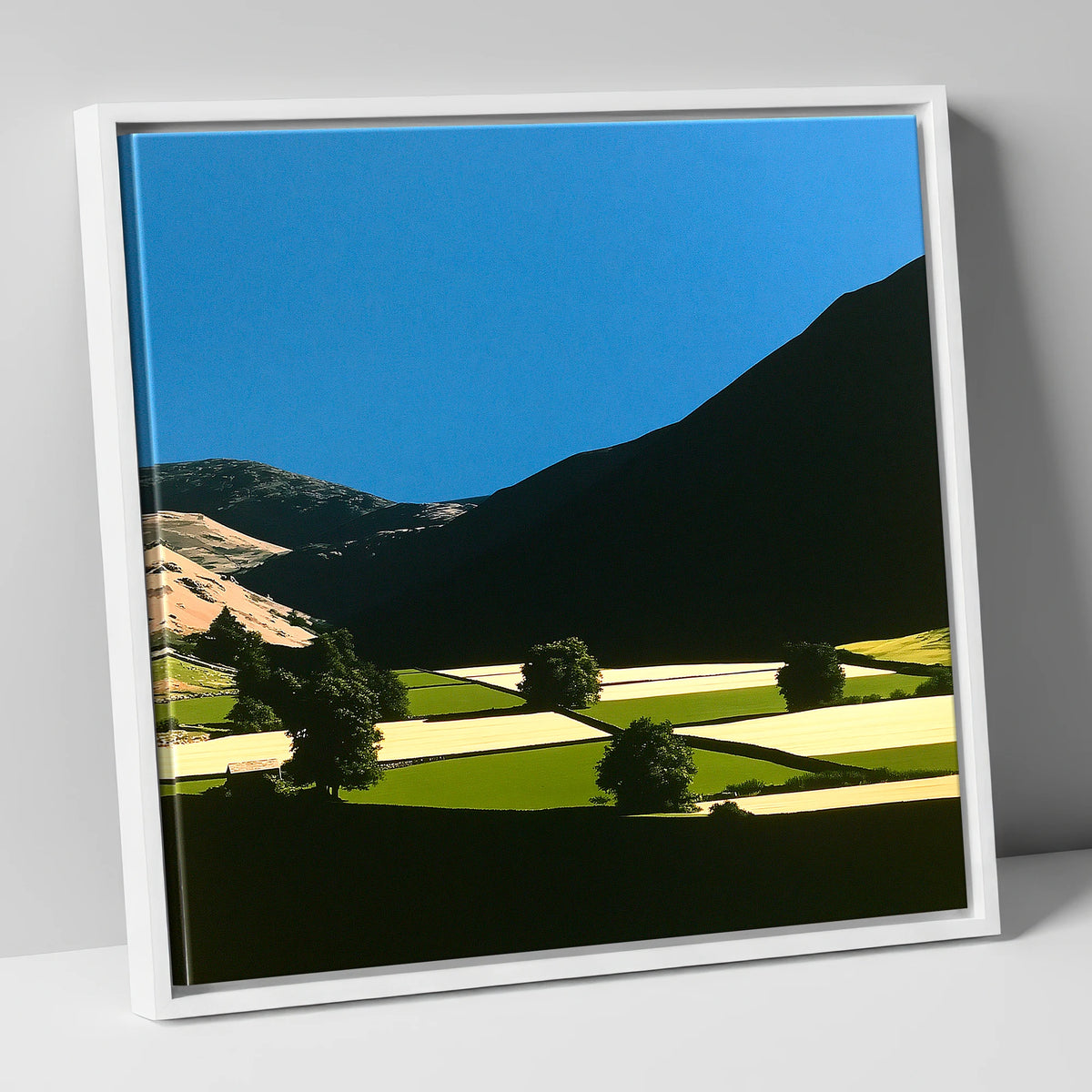 Dale Patchwork in Deep Shadow lake district valley canvas wall art in white frame