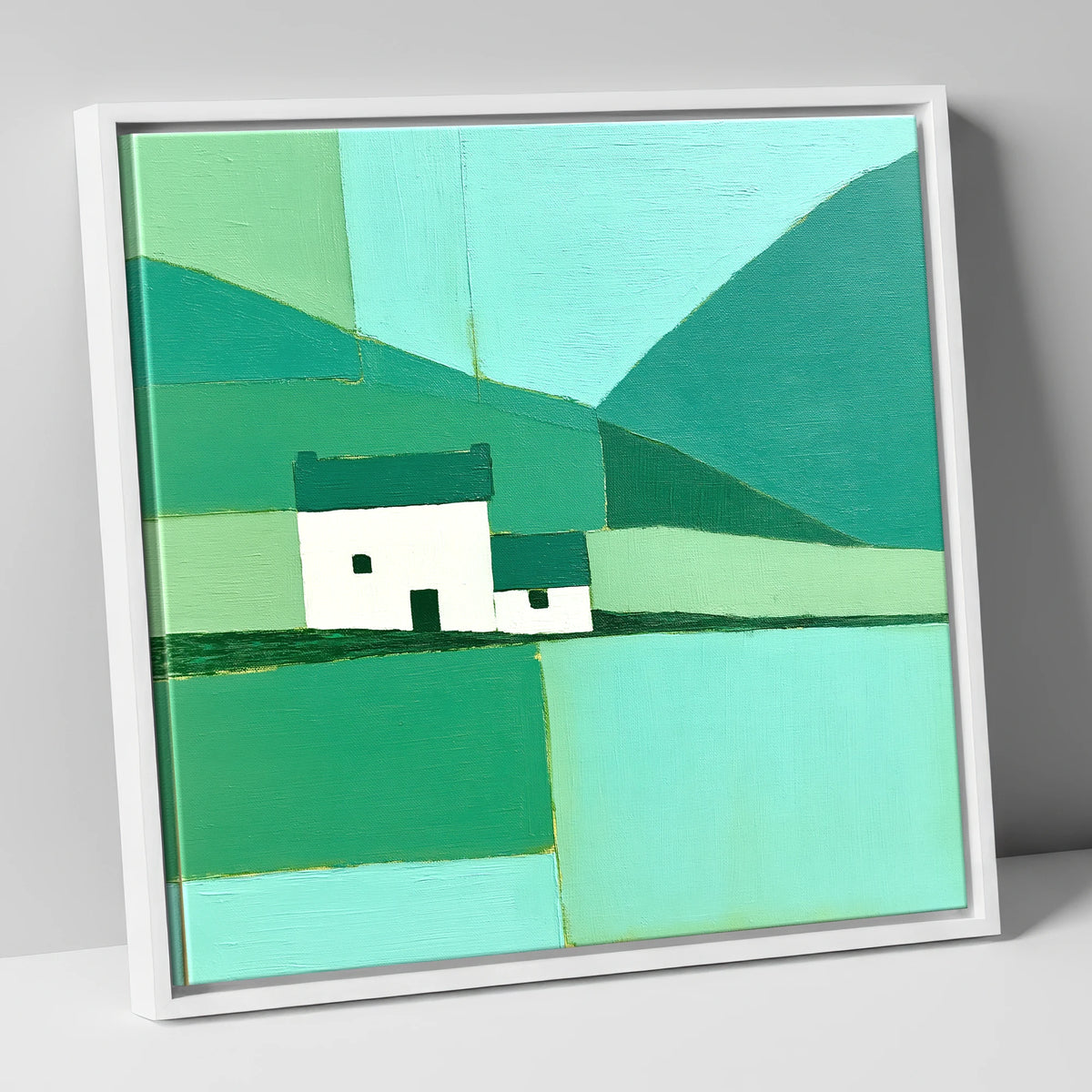 Geometric Grasmere Cottage and Fells lake district lake canvas wall art in white frame
