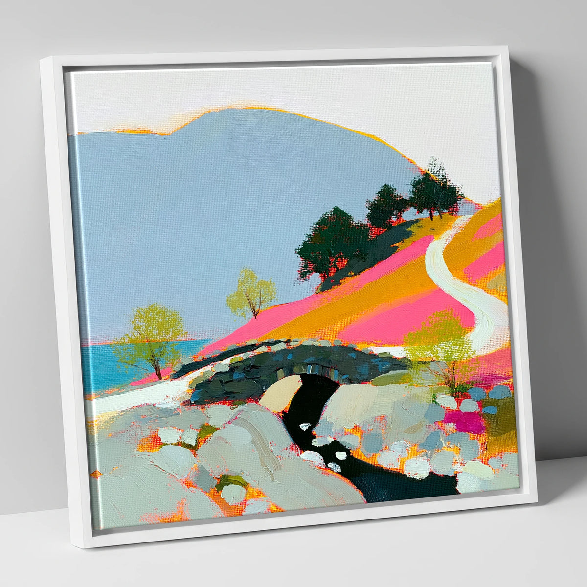 Bold Colours at Ashness Bridge lake district waterfall canvas wall art in white frame