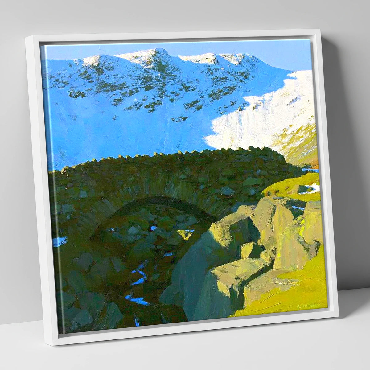 Allen Crags Winter Stone Bridge lake district fell canvas wall art in white frame