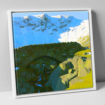Allen Crags Winter Stone Bridge lake district fell canvas wall art in white frame