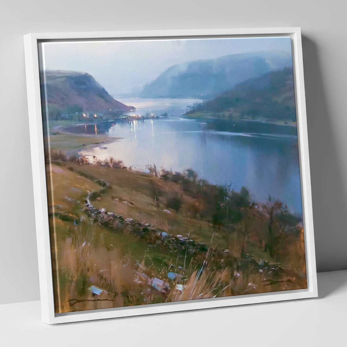 Pooley Bridge Twilight Over Ullswater lake district village canvas wall art in white frame