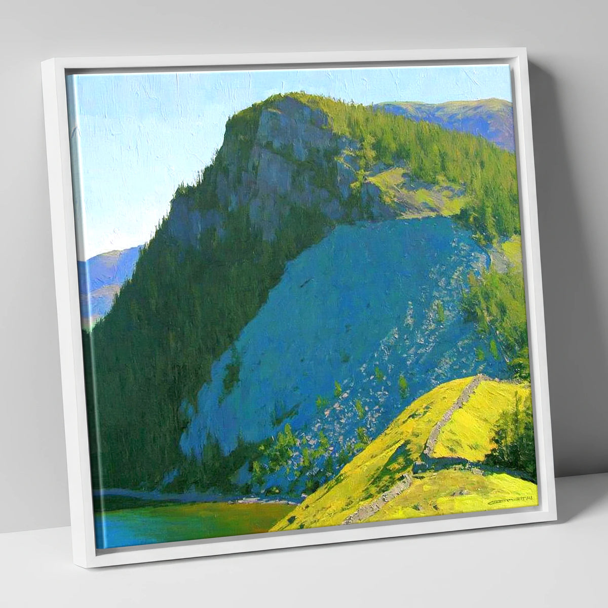 Castle Crag in Vibrant Sunlight lake district fell canvas wall art in white frame