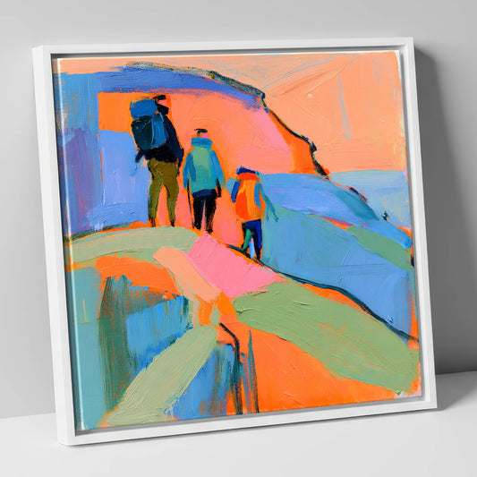 Abstract Hikers on a Fell lake district fell canvas wall art in white frame