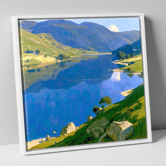 Blue Lake and Sunlit Fells lake district lake canvas wall art in white frame