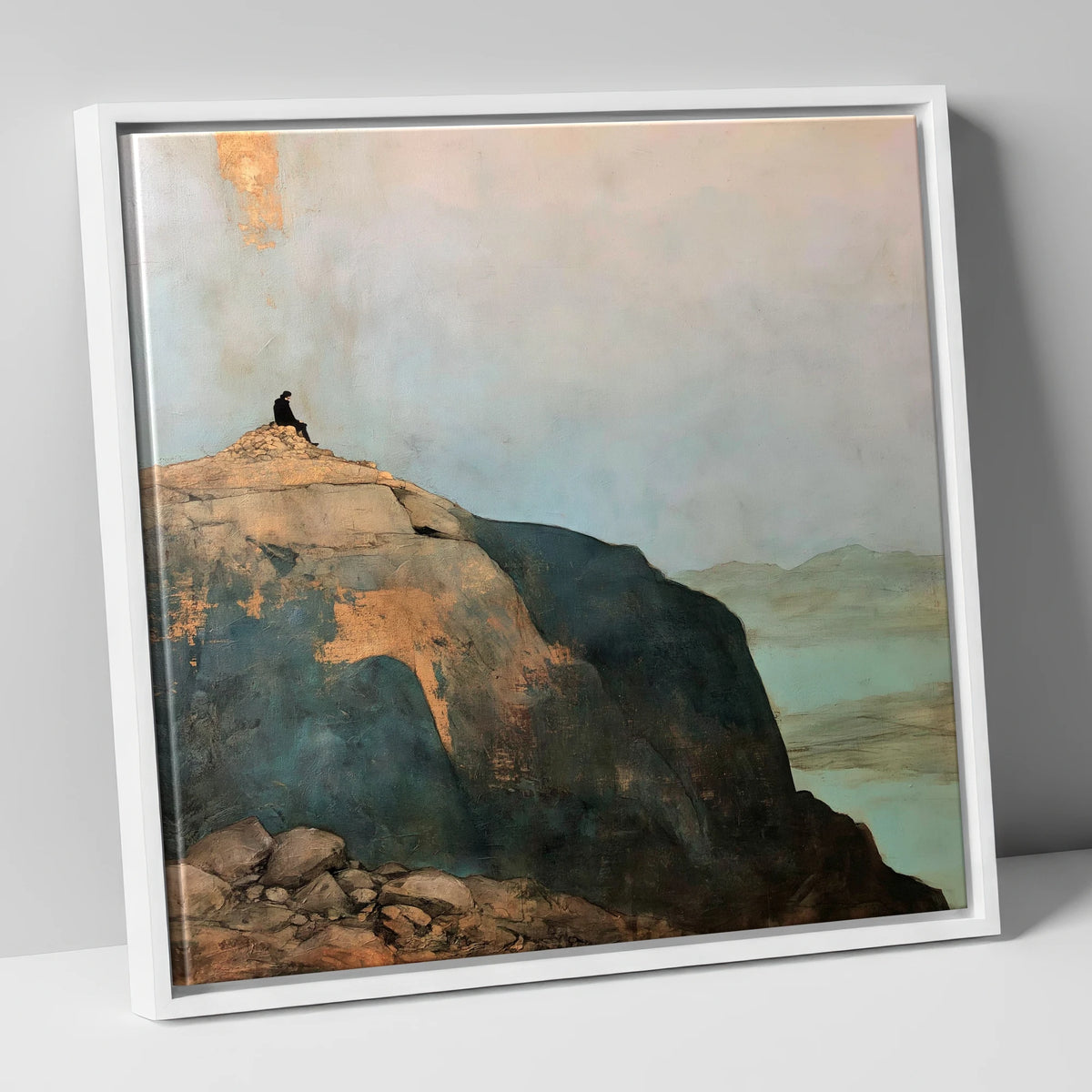 Silhouette on Scafell Pike Summit lake district fell canvas wall art in white frame