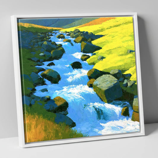 Sparkling Mountain Beck in High Summer lake district waterfall canvas wall art in white frame