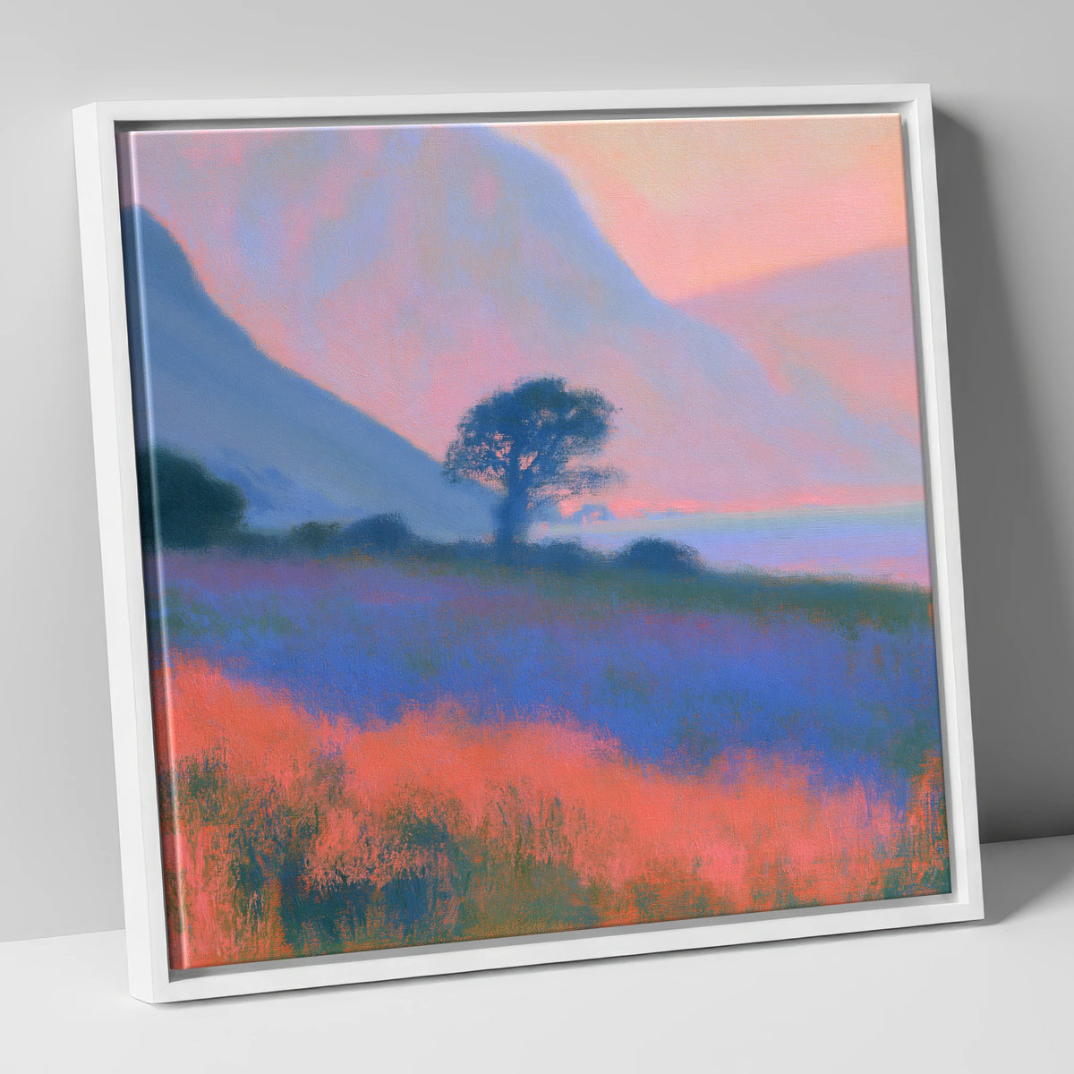 Pastel Dusk on the Fells lake district lake canvas wall art in white frame