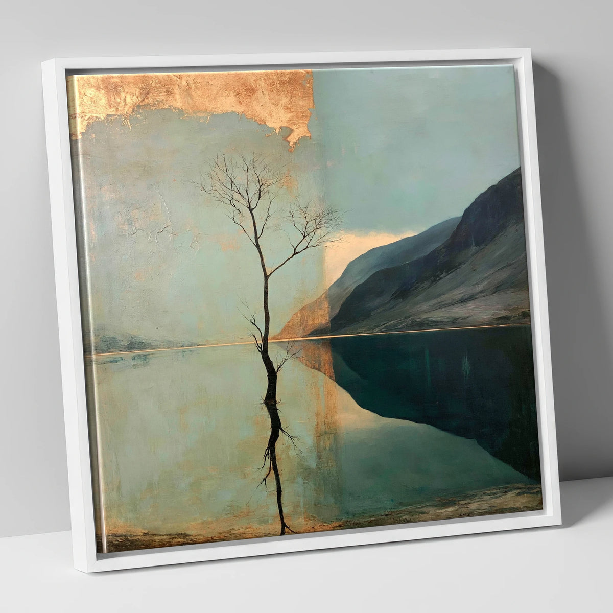 Buttermere Tree with Golden Sky lake district lake canvas wall art in white frame