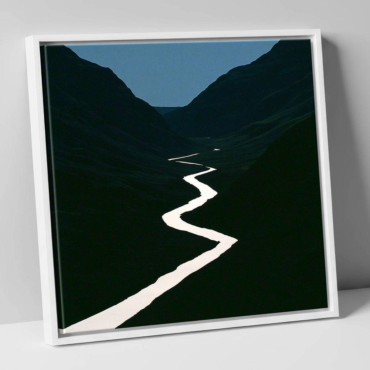 Silver River in Shadowed Valley lake district waterfall canvas wall art in white frame