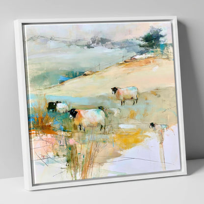Contemporary Herdwick Sheep on Fellside lake district wildlife canvas wall art in white frame