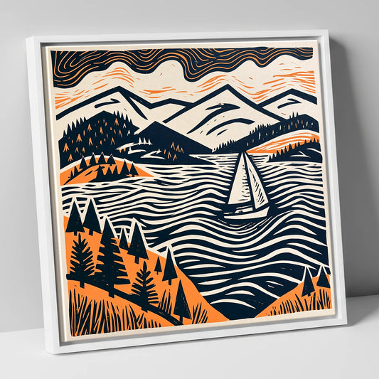 Windermere Sailboat in Terracotta and Navy lake district lake canvas wall art in white frame