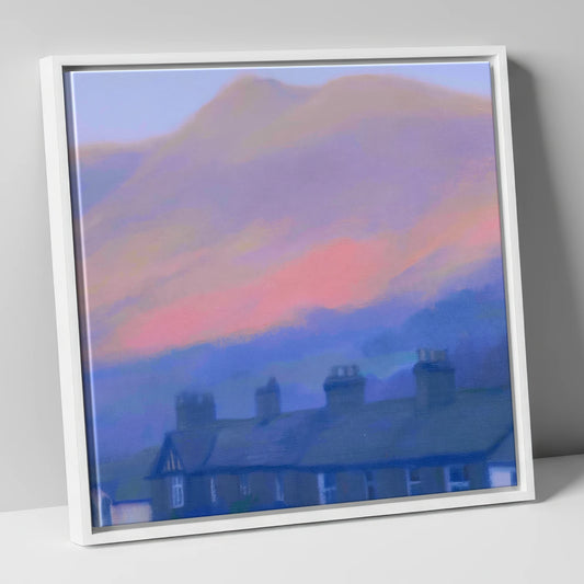 Skiddaw and Keswick Pastel Twilight lake district village canvas wall art in white frame