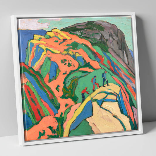 Climbers on the Bright Orange Crag lake district walking canvas wall art in white frame