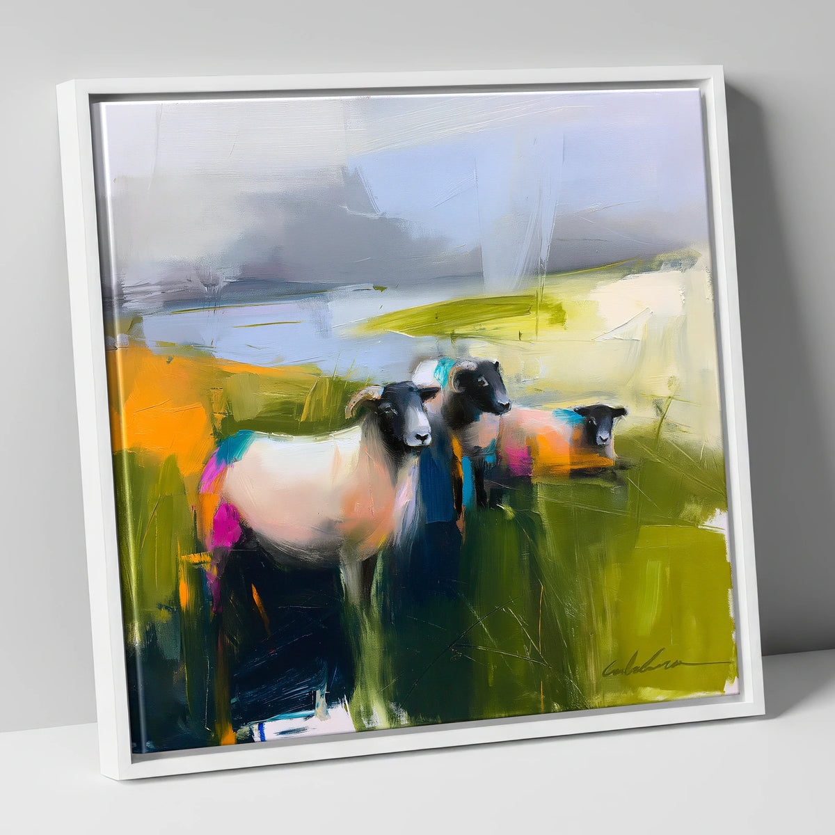 Vibrant Herdwick Sheep on Fellside lake district wildlife canvas wall art in white frame