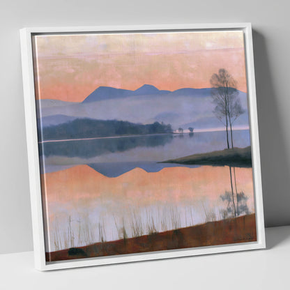 Still Lake at Pastel Dawn lake district lake canvas wall art in white frame