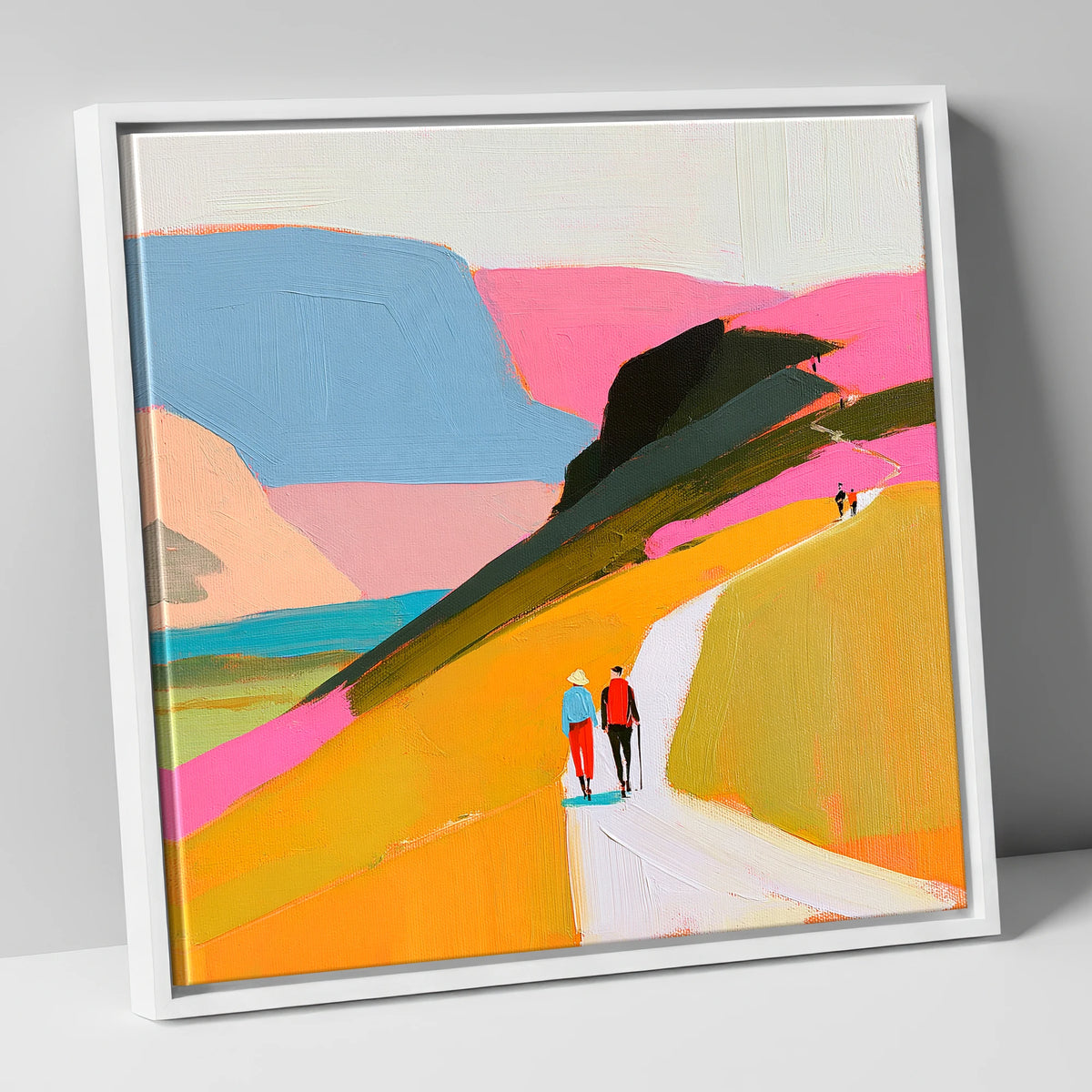 Walkers Ascending Colourful Fells lake district walking canvas wall art in white frame