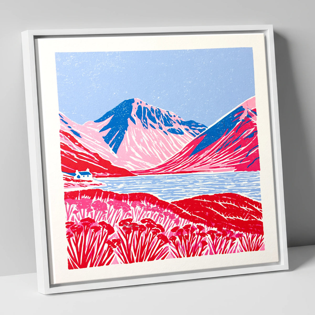 Vibrant Red Wasdale Fells lake district valley canvas wall art in white frame