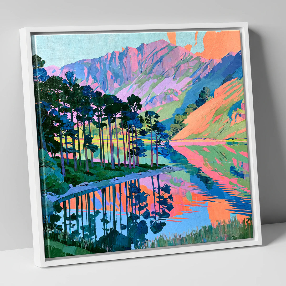 Vibrant Buttermere Scots Pines lake district lake canvas wall art in white frame