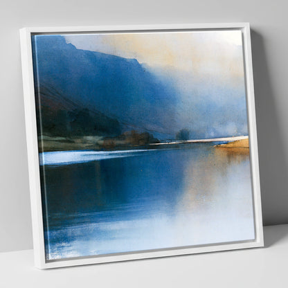 Indigo Fells and Lake Mist lake district lake canvas wall art in white frame