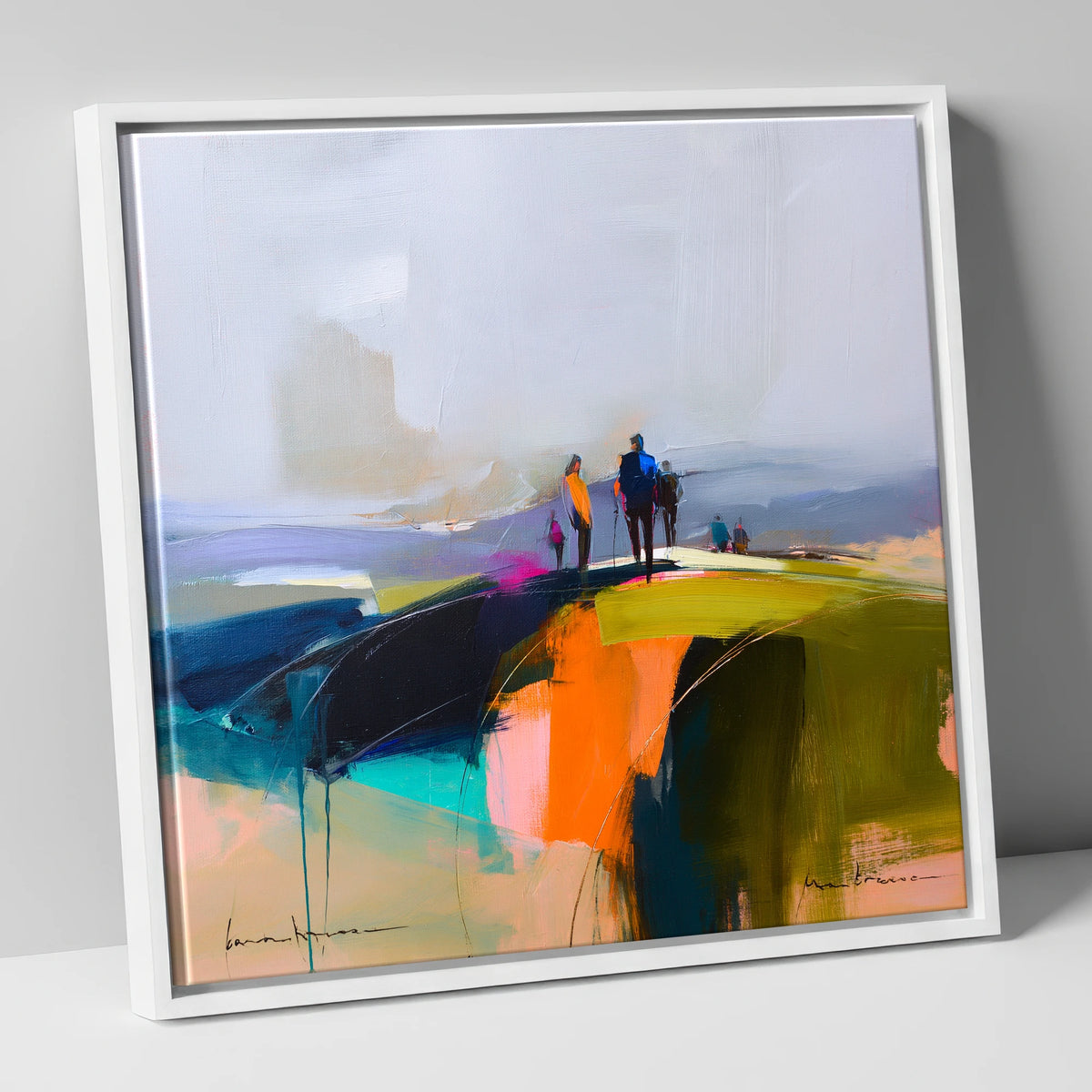 Abstract Fell Top Walkers lake district fell canvas wall art in white frame
