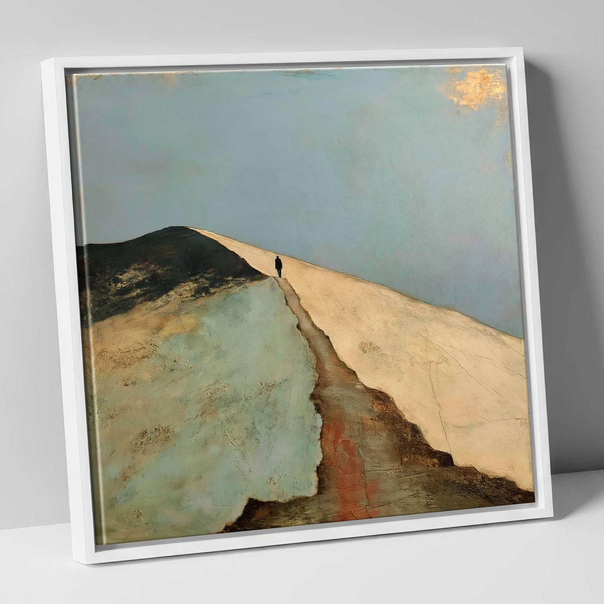 Silhouetted Walker on Striding Edge lake district walking canvas wall art in white frame