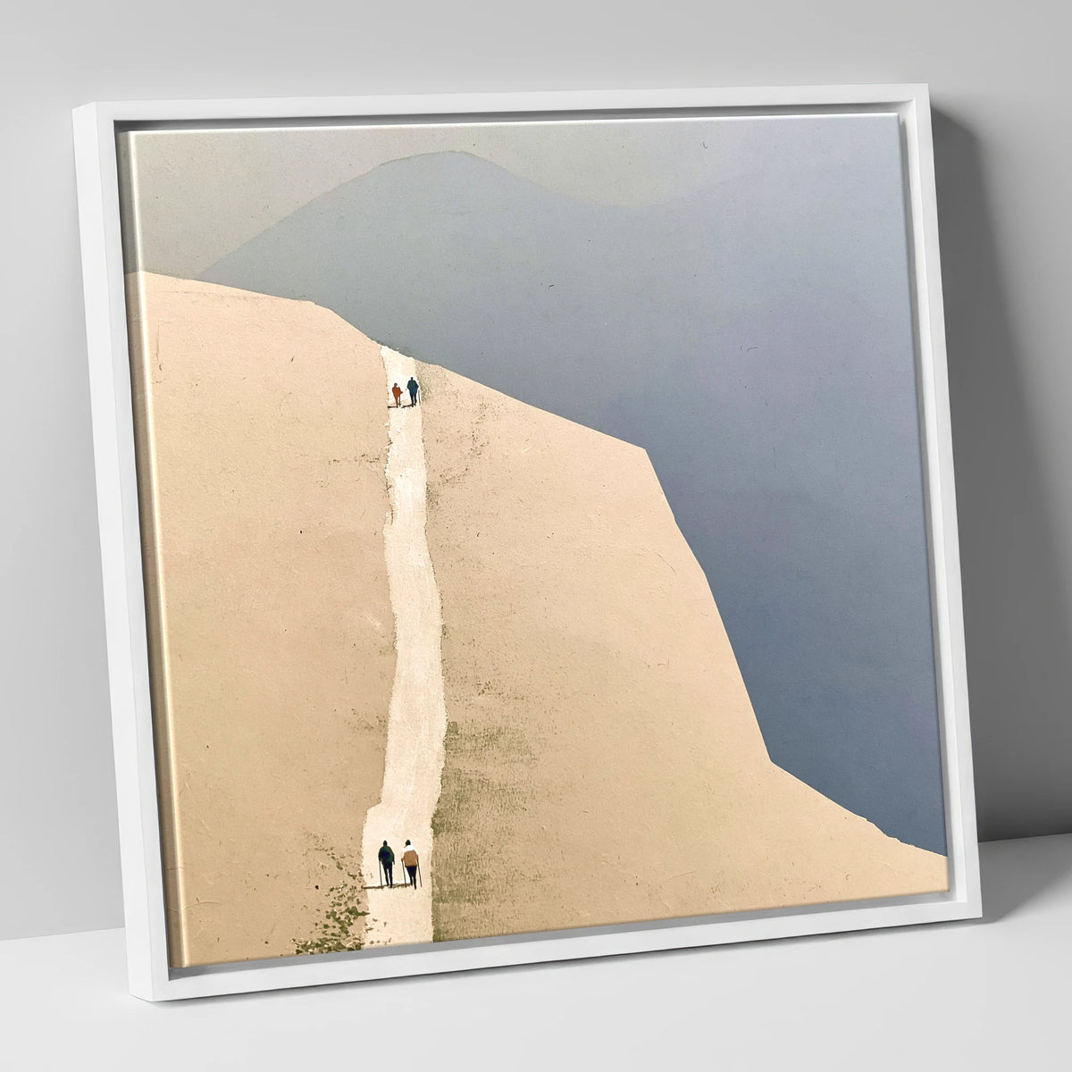 Fell Walkers on the Ochre Ridge lake district walking canvas wall art in white frame