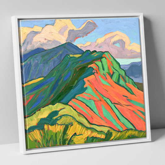 Vibrant Mountain Ridge lake district fell canvas wall art in white frame