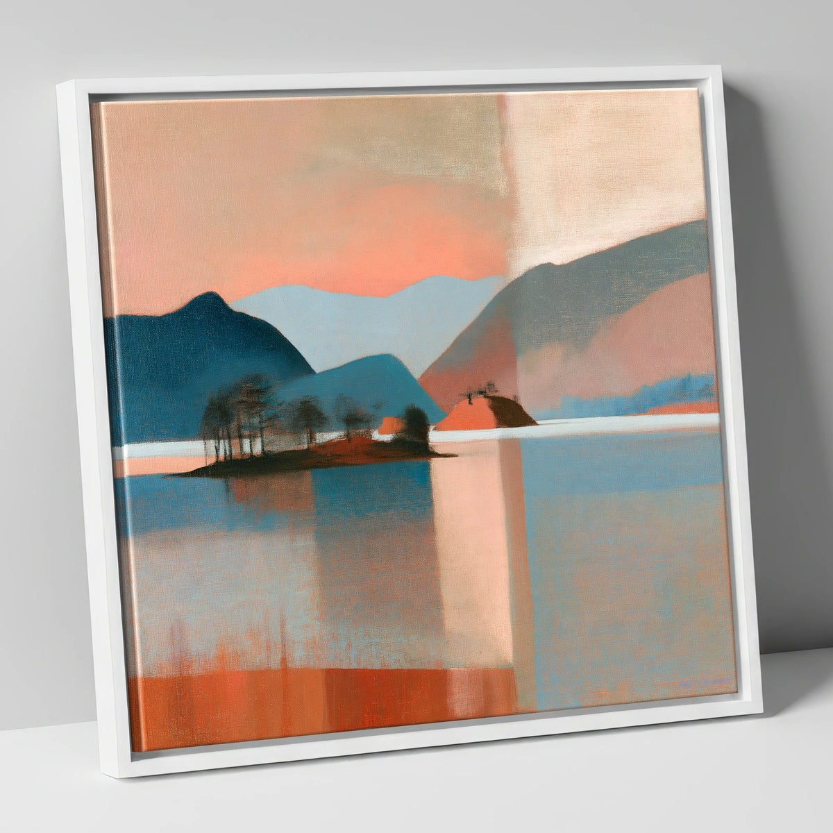 Terracotta Sunset Over Derwentwater lake district lake canvas wall art in white frame