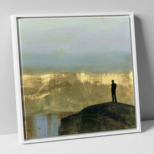 Hiker Silhouette on Golden Fells lake district walking canvas wall art in white frame