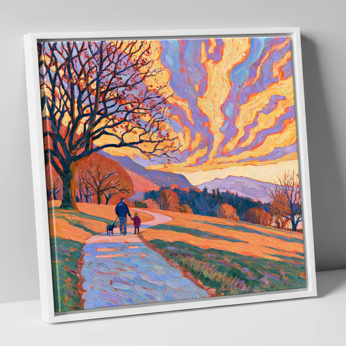 Fiery Sky Dog Walk Keswick gifts for dog walkers canvas wall art in white frame