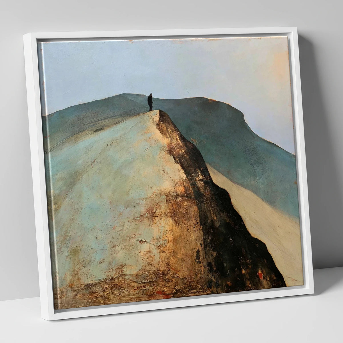 Walker on Golden Striding Edge lake district walking canvas wall art in white frame