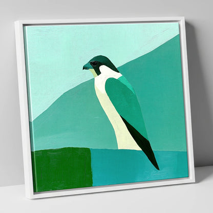 Geometric Teal Peregrine Falcon lake district wildlife canvas wall art in white frame