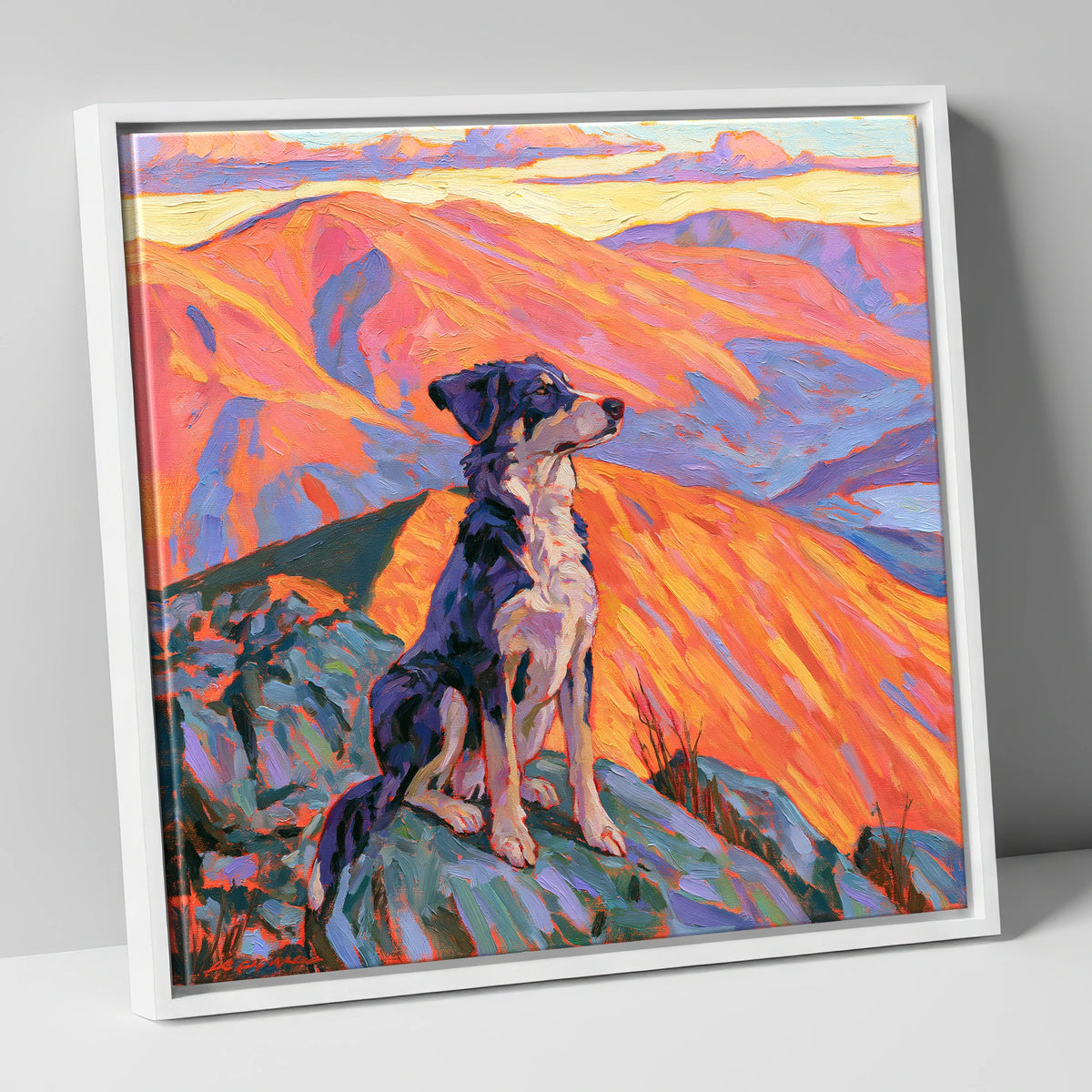 Vibrant Dog on Braithwaite Summit gifts for dog walkers canvas wall art in white frame