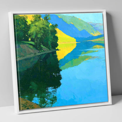 Sunlit Fells Reflecting in Cerulean Water lake district lake canvas wall art in white frame