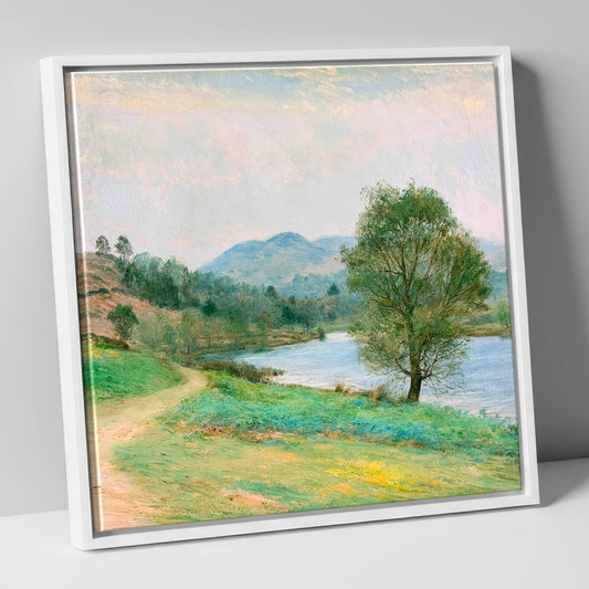 Tarn Hows in Spring Light lake district lake canvas wall art in white frame