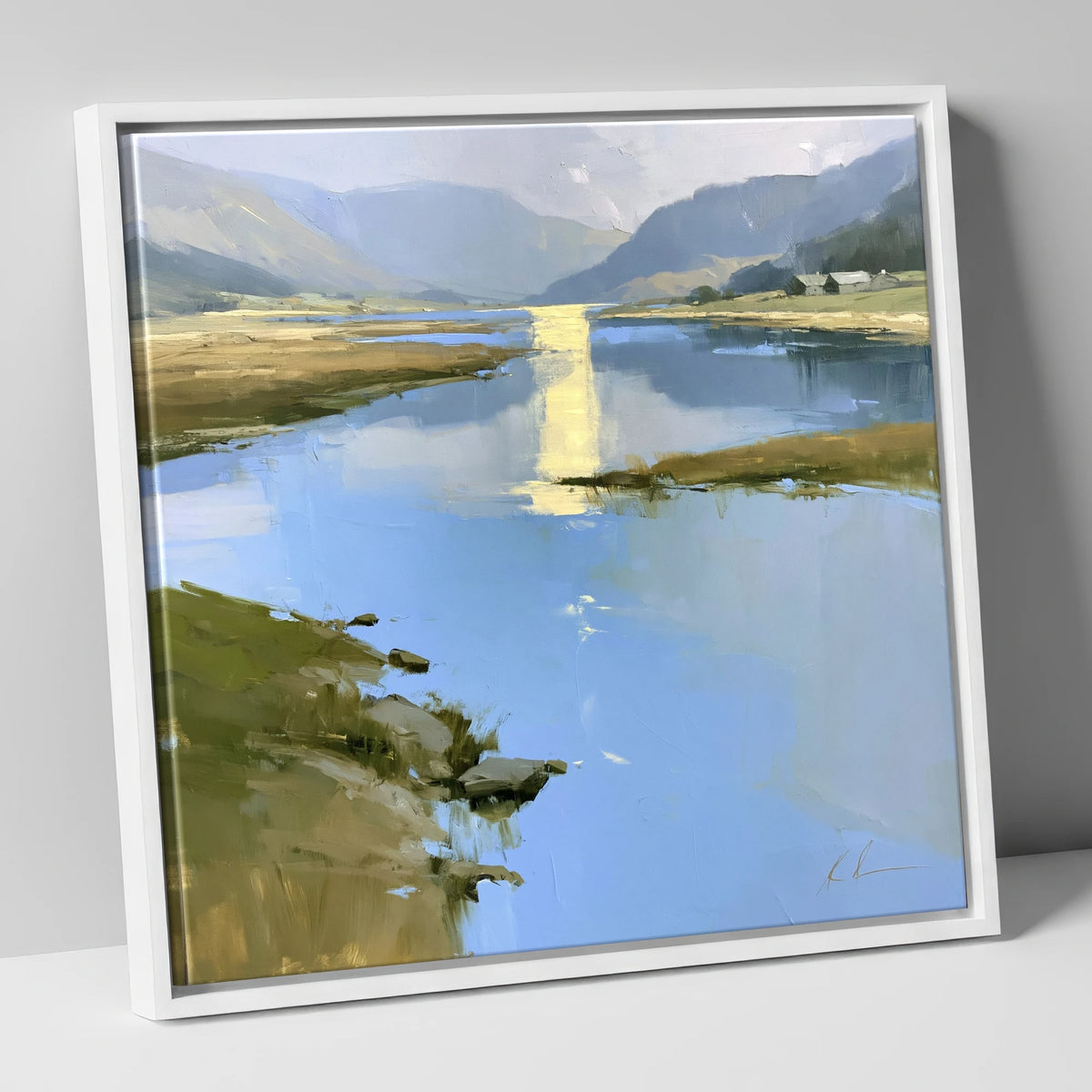 Golden Reflection on the Lake lake district lake canvas wall art in white frame