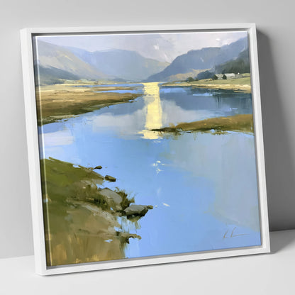 Golden Reflection on the Lake lake district lake canvas wall art in white frame