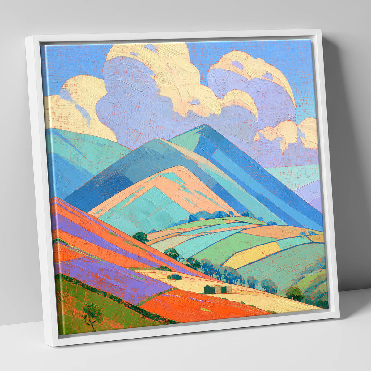 Turquoise and Orange Rolling Fells lake district fell canvas wall art in white frame