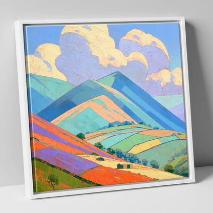 Turquoise and Orange Rolling Fells lake district fell canvas wall art in white frame