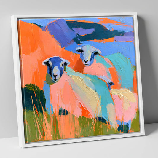 Vivid Herdwicks on Orange Fells lake district wildlife canvas wall art in white frame