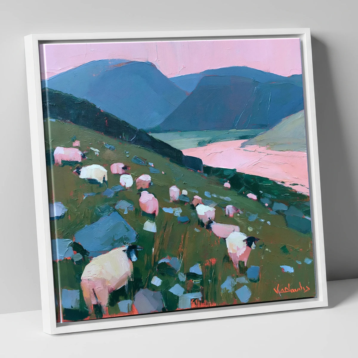 Herdwick Sheep Under Pink Skies lake district wildlife canvas wall art in white frame
