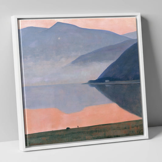 Pink Dusk Over Still Lake lake district lake canvas wall art in white frame