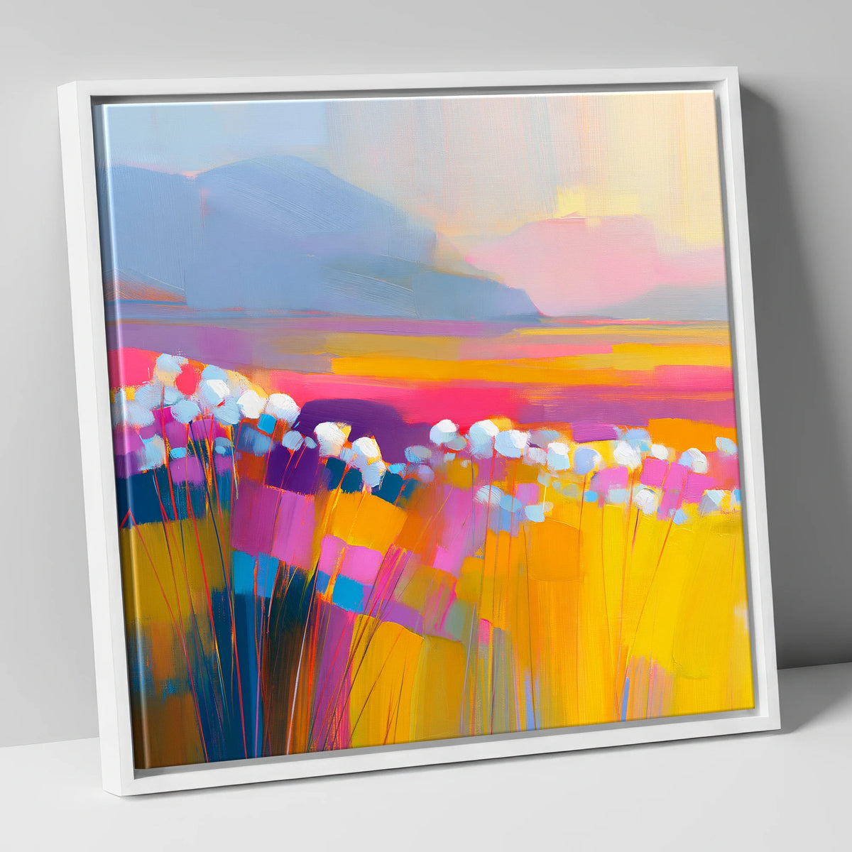 Vibrant Bog Cotton Moorland lake district wildflower canvas wall art in white frame