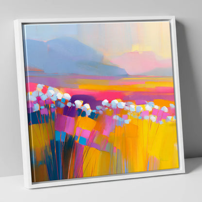 Vibrant Bog Cotton Moorland lake district wildflower canvas wall art in white frame