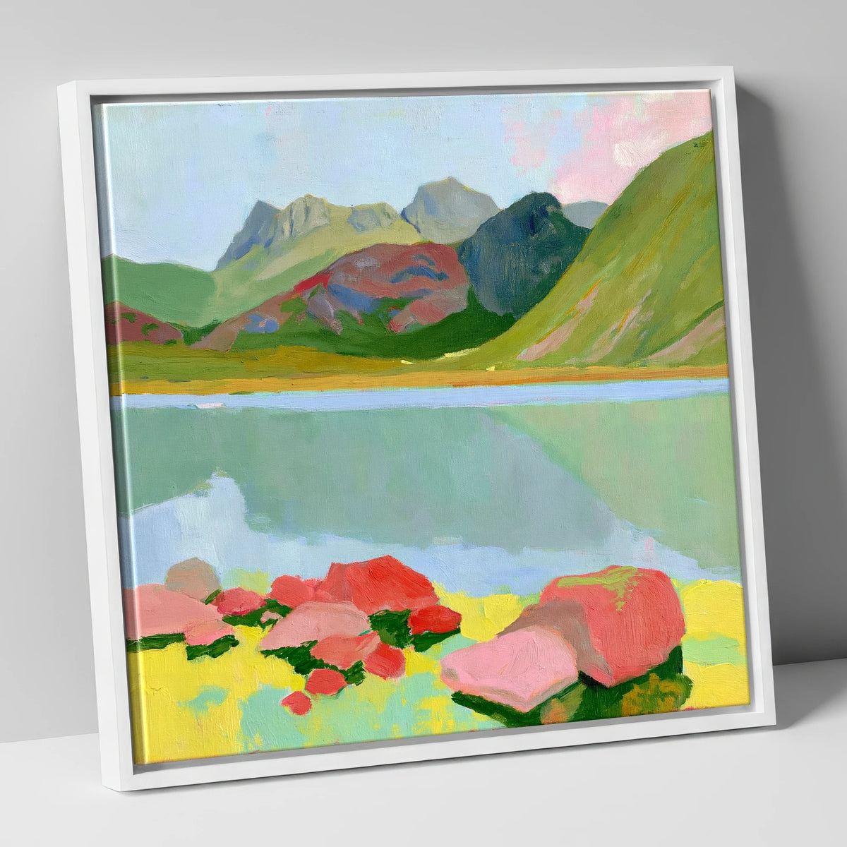 Pastel Rocks at Blea Tarn lake district valley canvas wall art in white frame