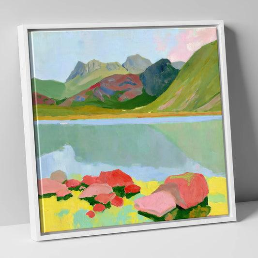Pastel Rocks at Blea Tarn lake district valley canvas wall art in white frame