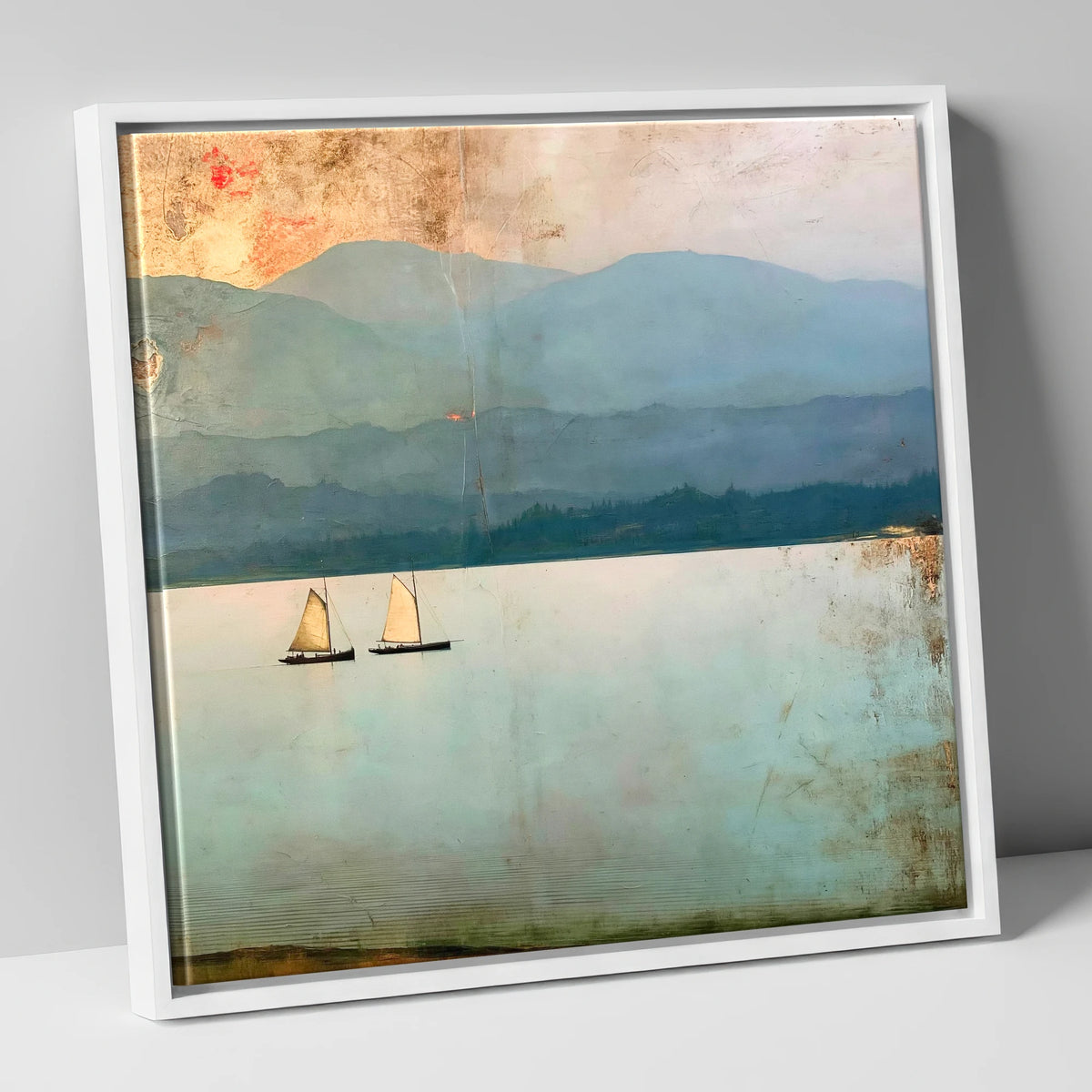 Windermere Sailboats Beneath Ochre Skies lake district lake canvas wall art in white frame