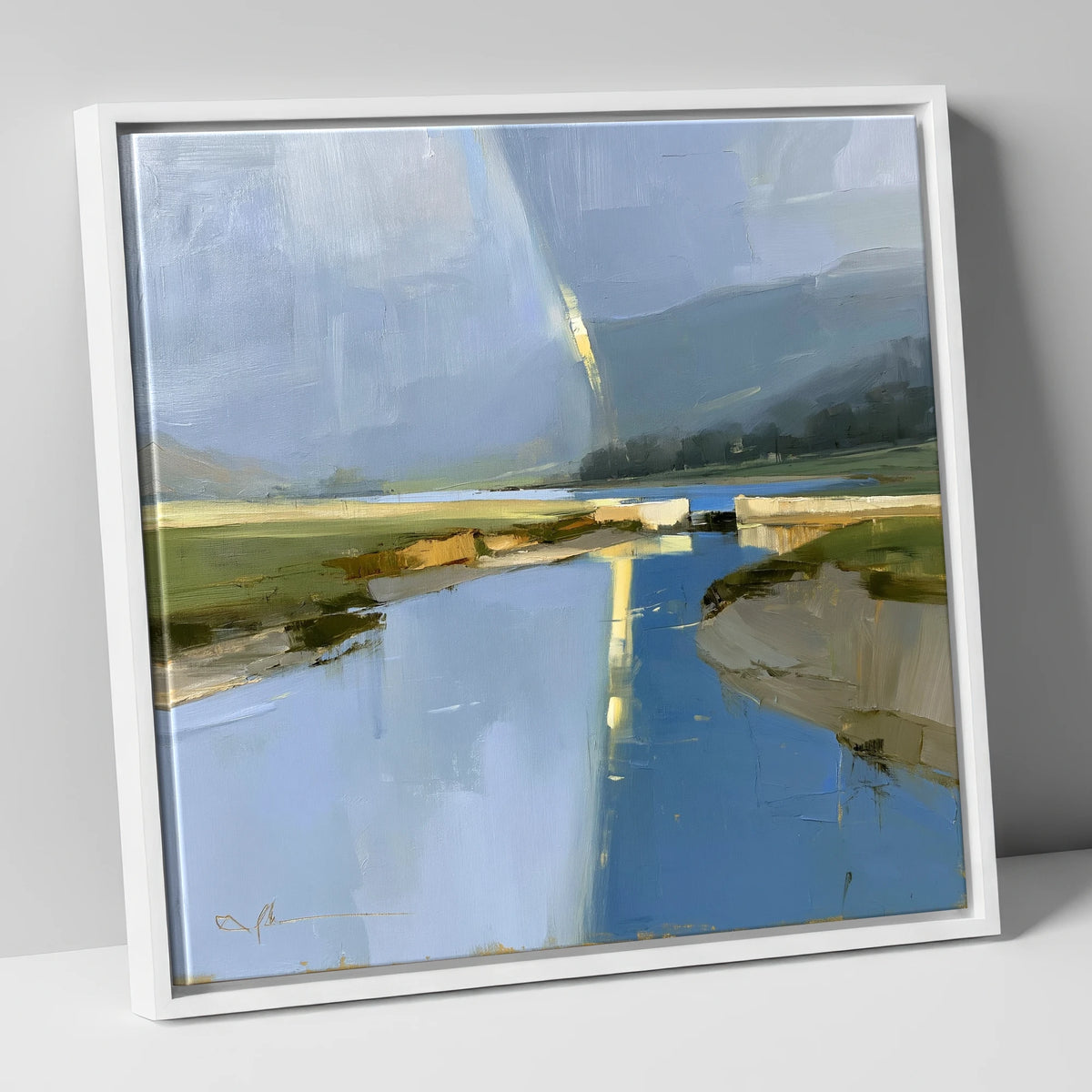 Golden Rainbow Over the River lake district sky canvas wall art in white frame