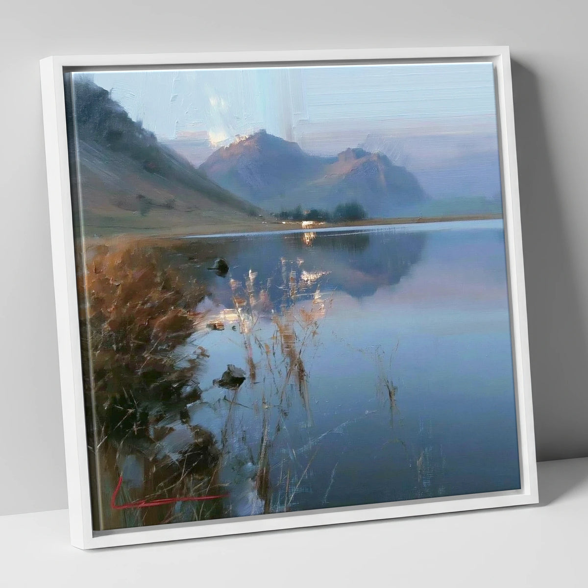 Still Reflections at Loweswater lake district lake canvas wall art in white frame